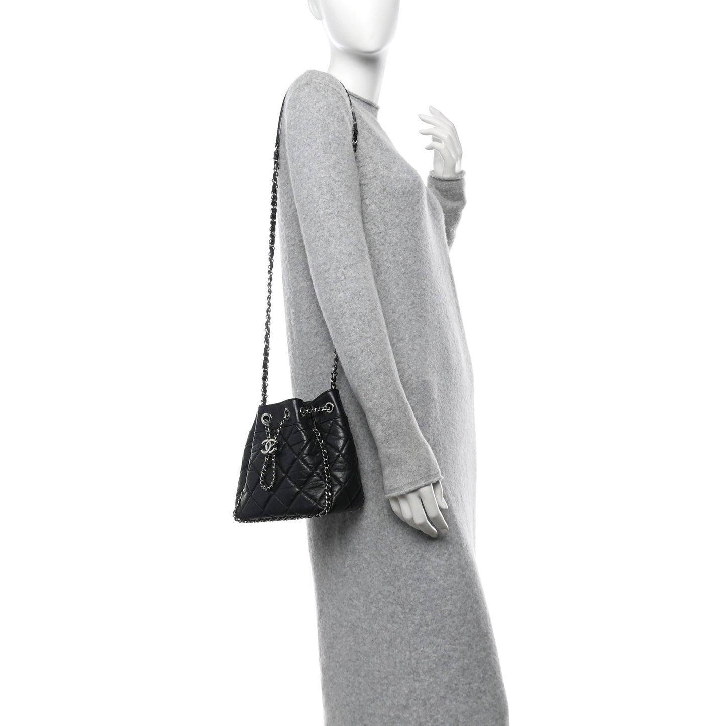 Crumpled Calfskin Quilted Chain All Over Drawstring Bucket Bag Black