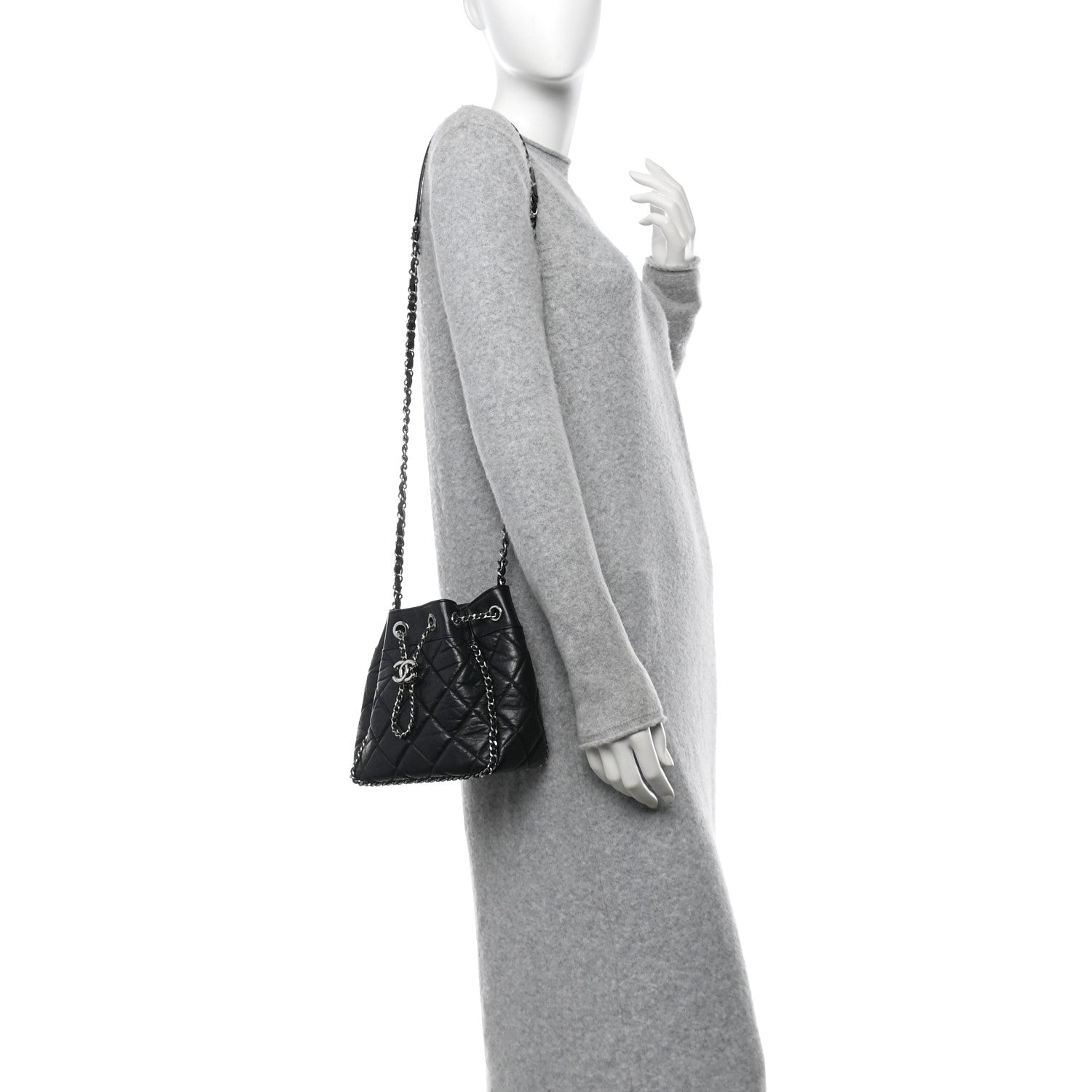Chanel Crumpled Calfskin Quilted Chain All Over Drawstring Bucket Bag Black 2 of 10