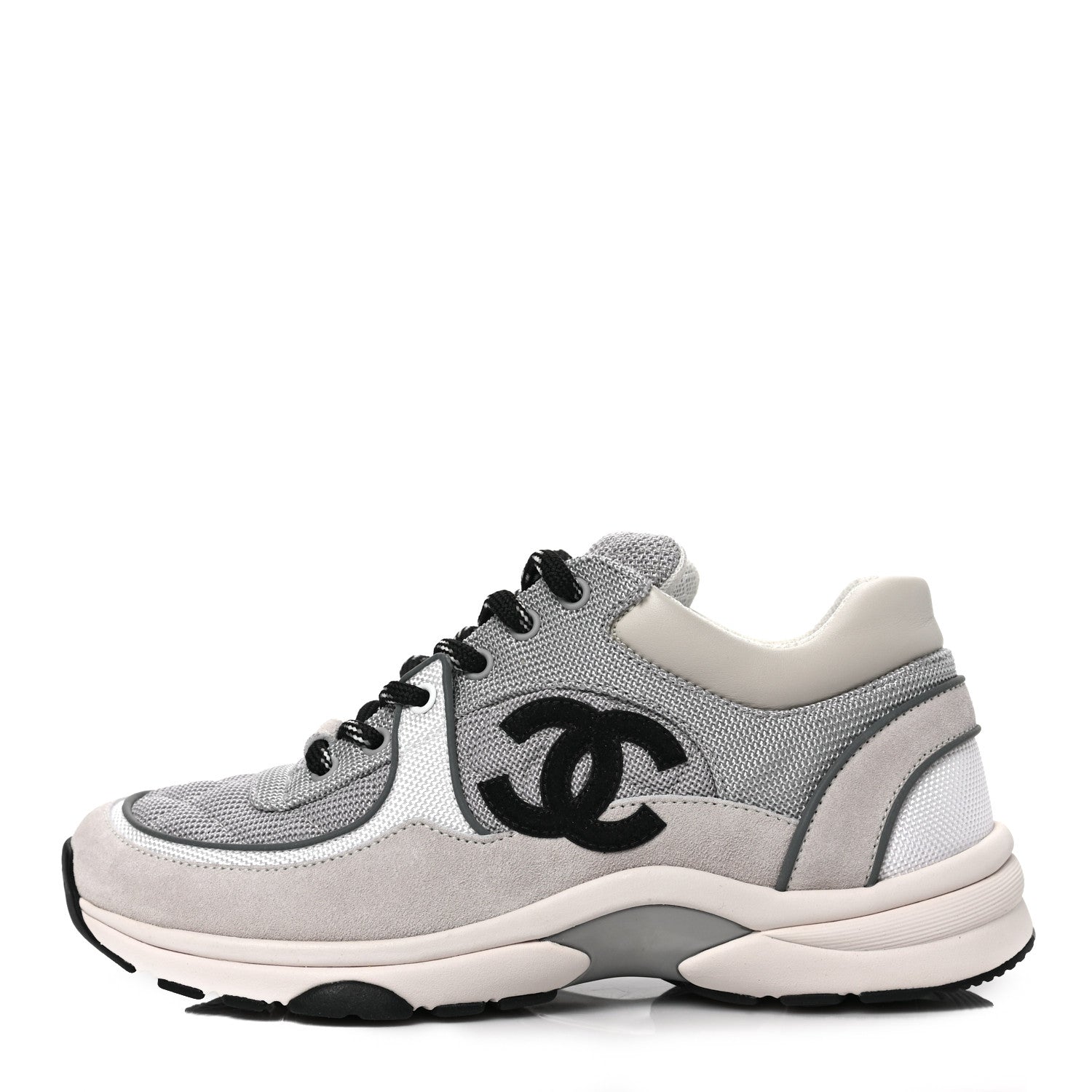 Chanel Nylon Calfskin Suede Womens CC Sneakers 38 Grey White 1 of 7