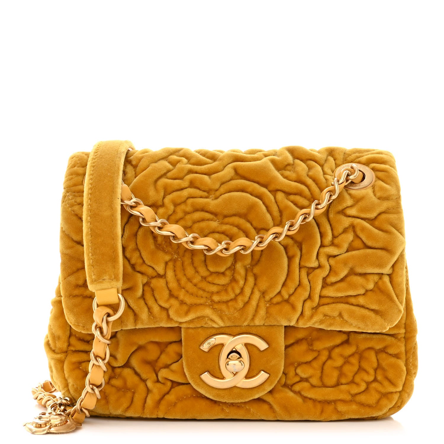 Chanel Velvet Camellia Embossed Mini Square Flap Yellow 1 of 10