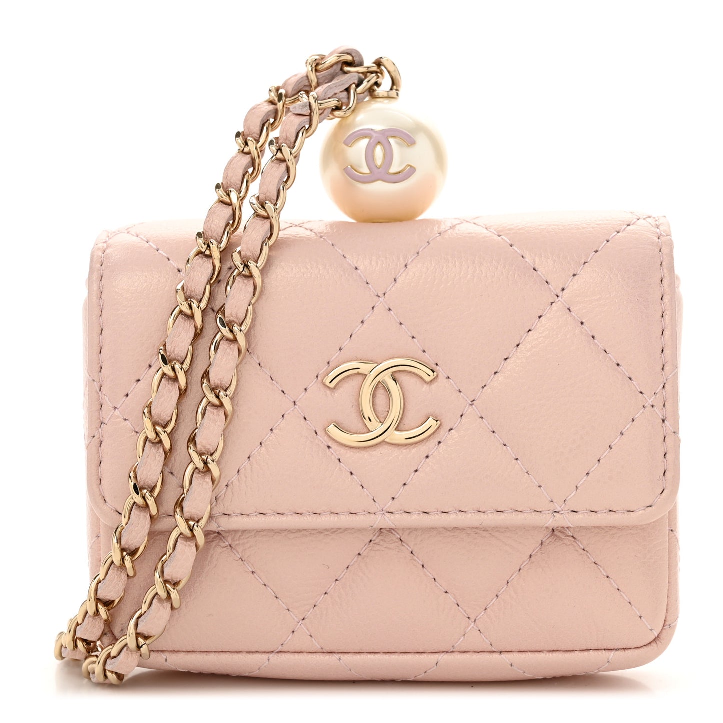 Iridescent Caviar Quilted Pearl On Top Coin Purse With Chain Light Pink