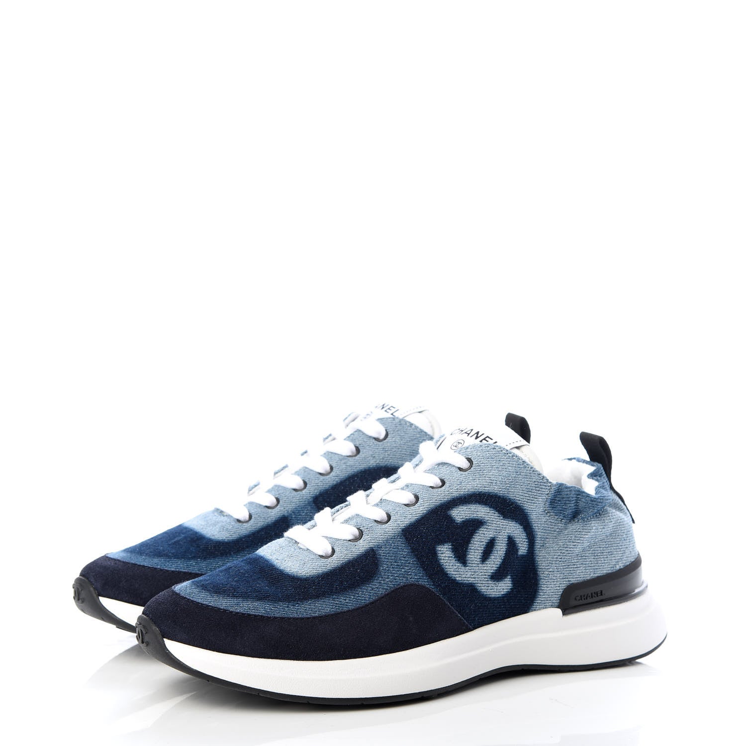 Chanel Denim Suede Calfskin Womens CC Sneakers 37 Blue White Black 3 of 10