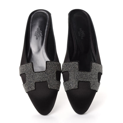 Hermes Satin Suede Goatskin Crystal Roxane Mules 37 Black 5 of 10