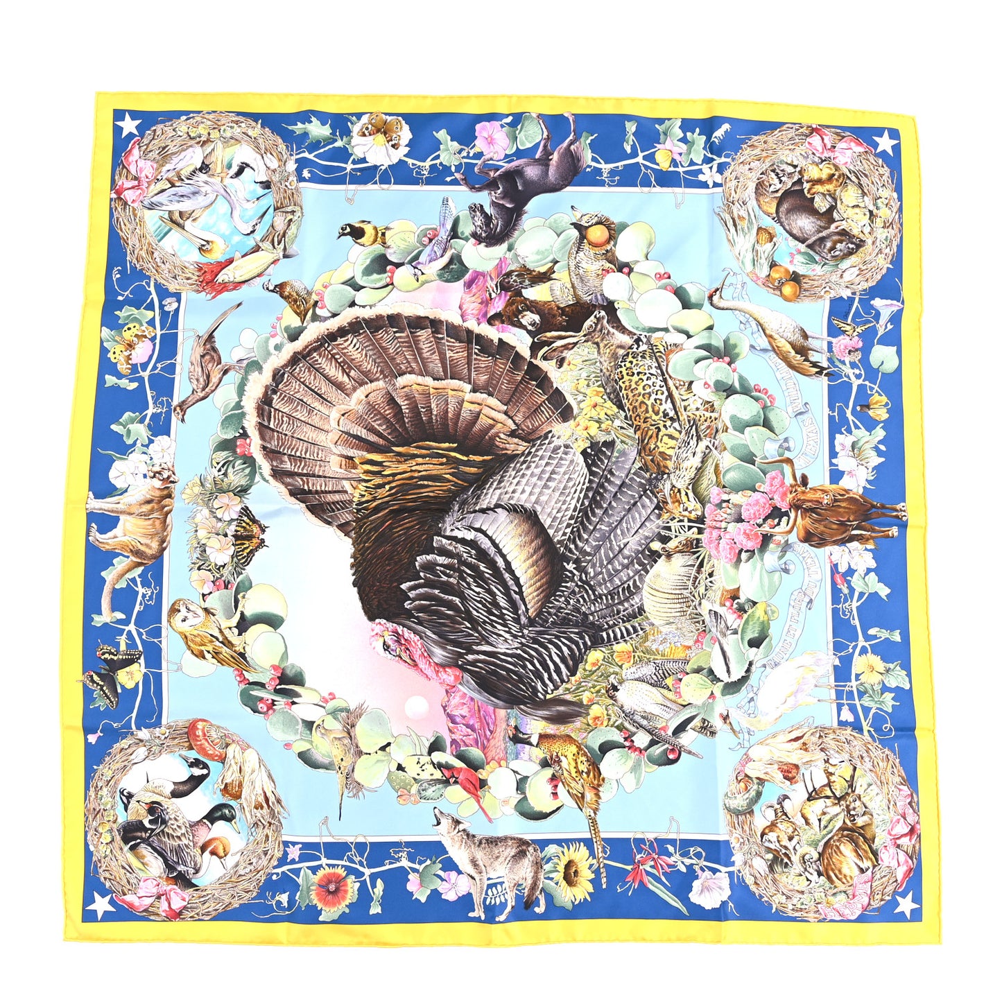 Silk Faune Et Flore Du Texas Scarf 90 Jaune Vif Bleu Azur Multicolor