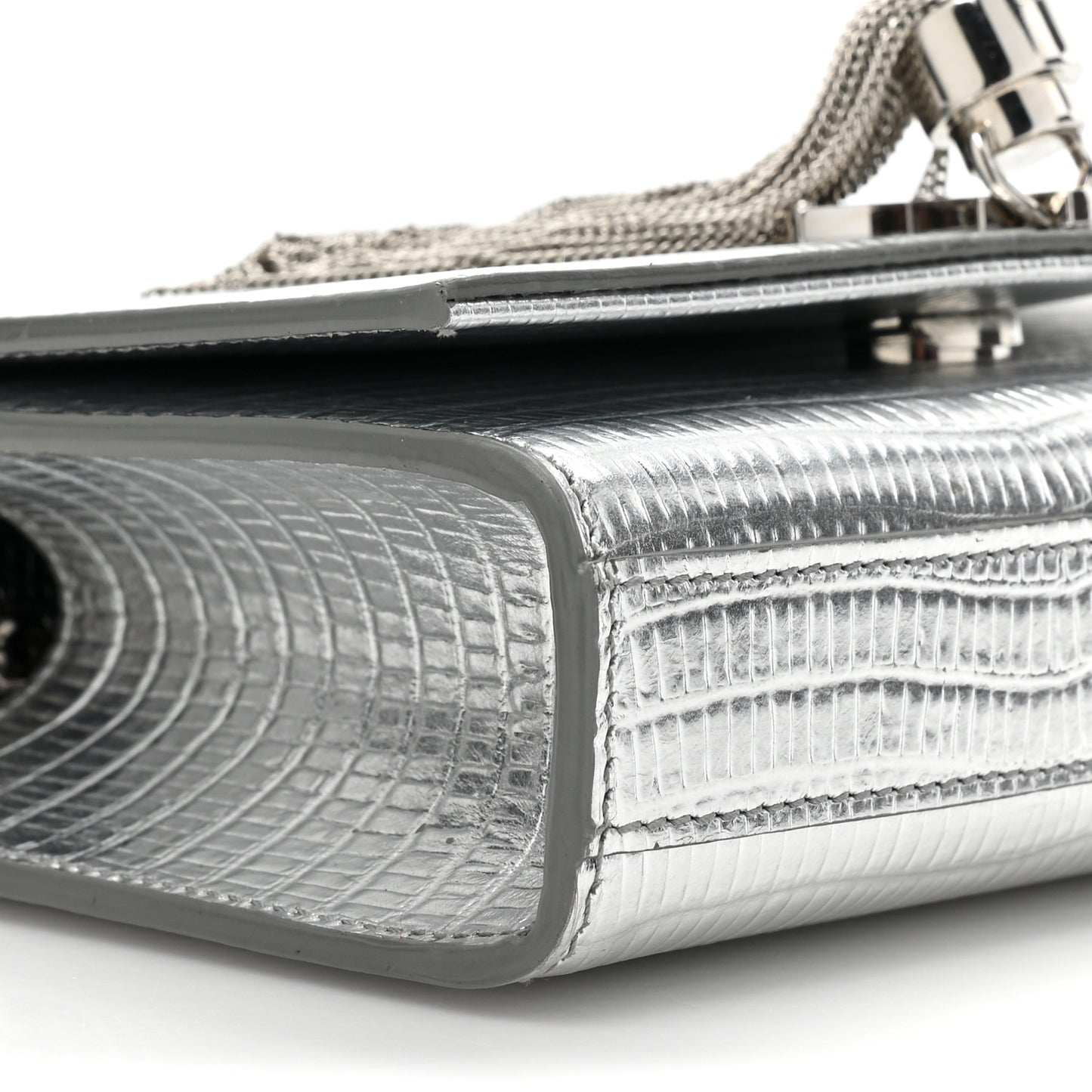 Metallic Calfskin Crocodile Embossed Small Classic Monogram Kate Tassel Satchel Silver