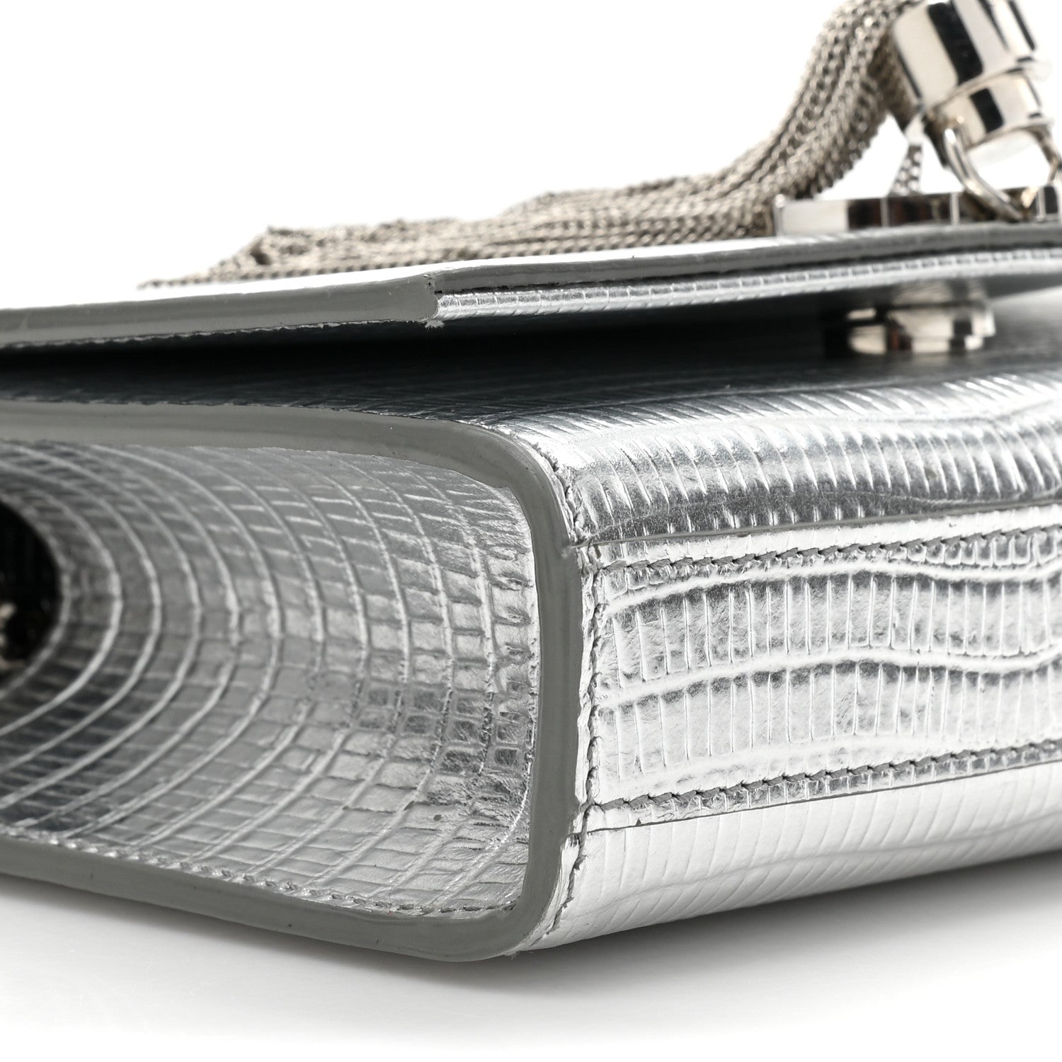 Saint Laurent Metallic Calfskin Crocodile Embossed Small Classic Monogram Kate Tassel Satchel Silver 8 of 11