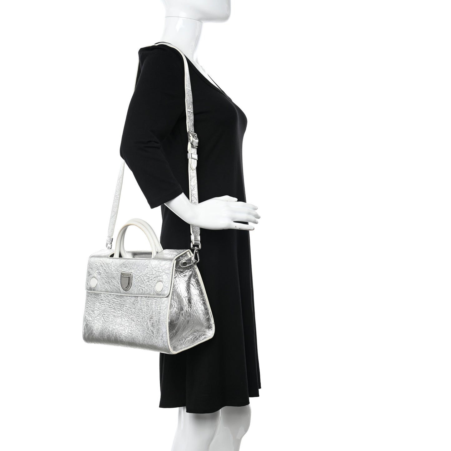 Metallic Calfskin Medium Diorever Flap Silver