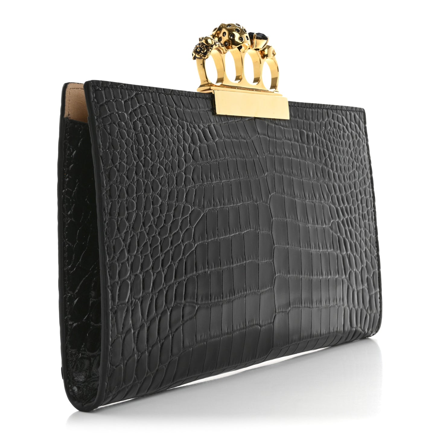 Calfskin Crocodile Embossed Knuckle Flat Clutch Black Gold
