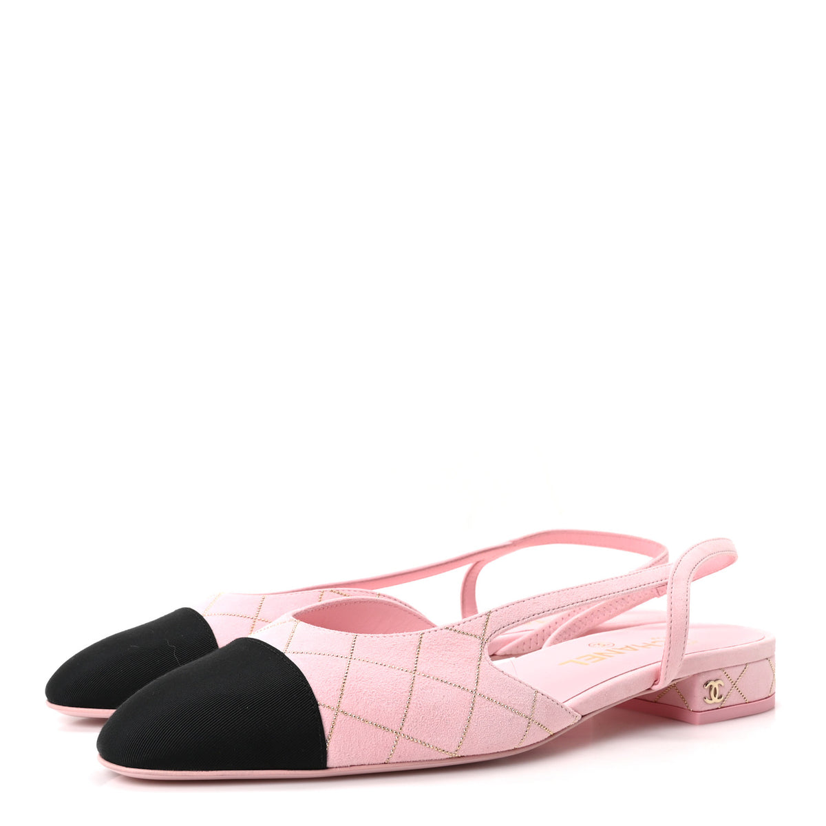 Chanel Suede Crystal Grosgrain Cap Toe CC Slingback Flats 39 Pink Gold Black 4 of 10