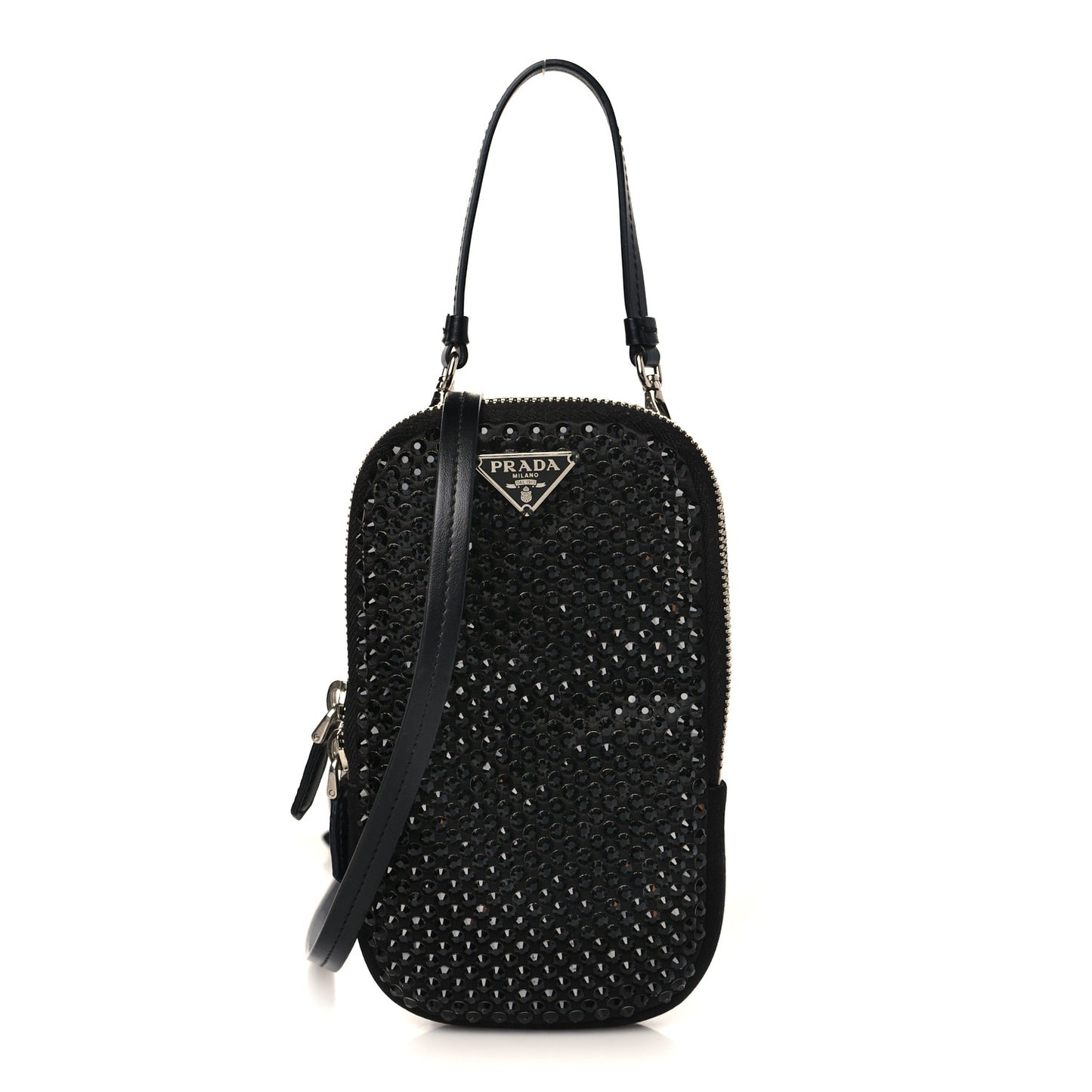 Satin Crystal Zip Phone Case Crossbody Bag Black