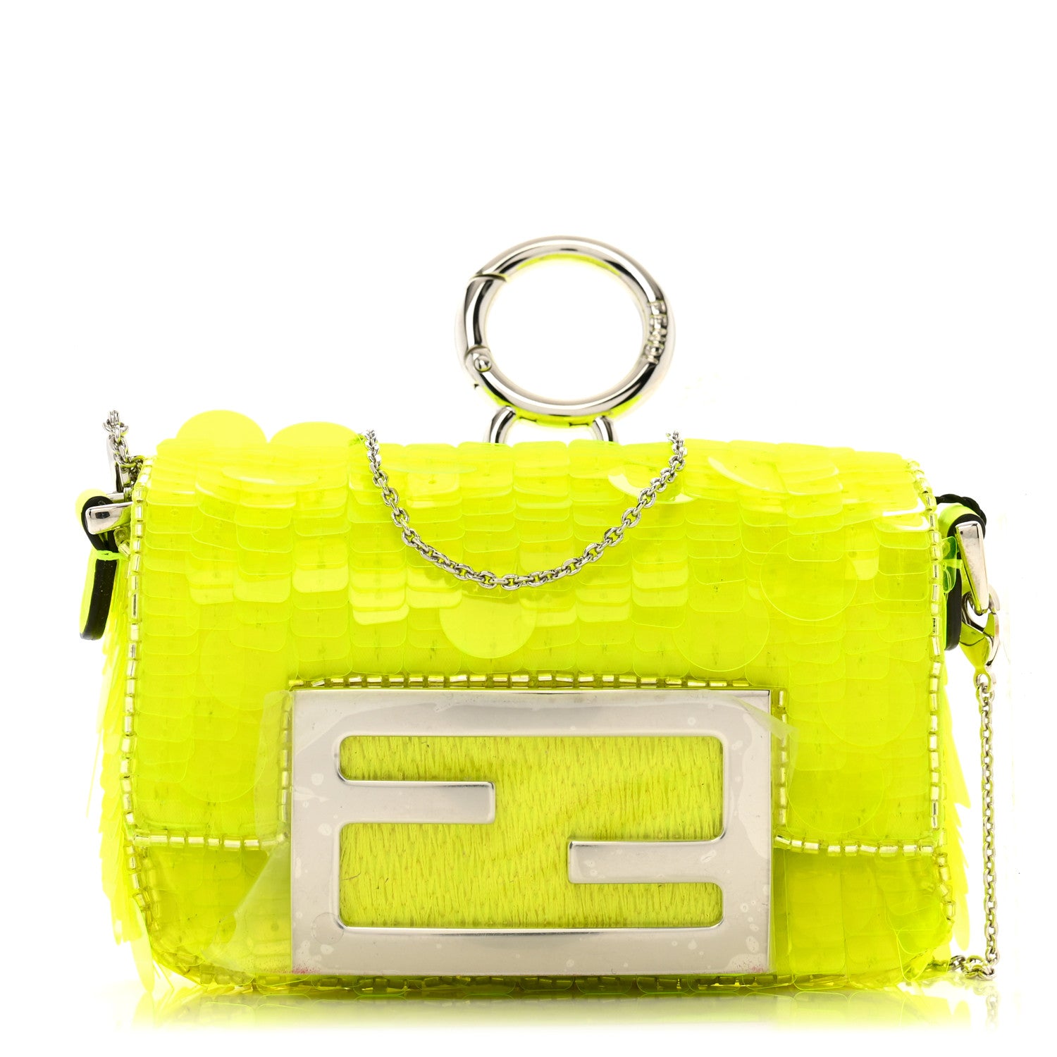 Fendi Transparent Paillettes Vitello King Nano Maxi Buckle Baguette Charm Yellow Fluo 1 of 11