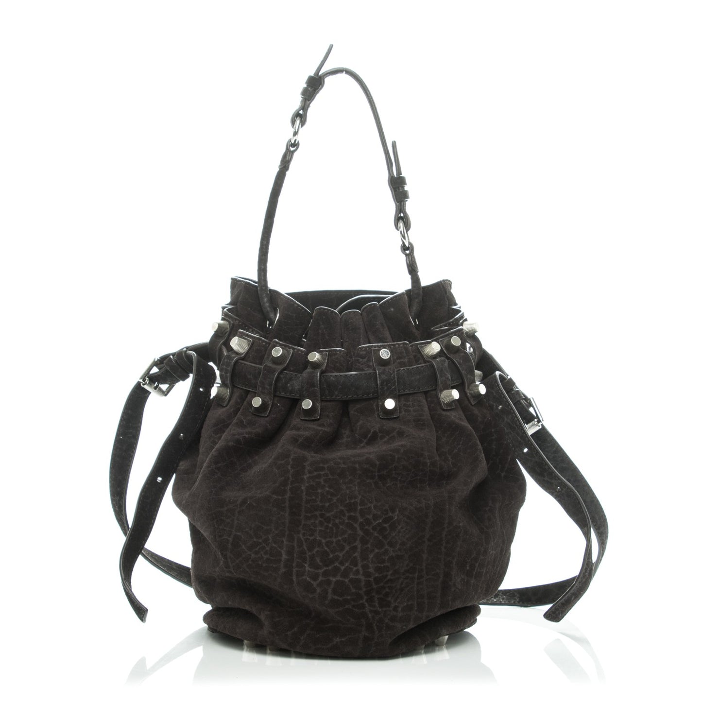 Suede Diego Bucket Bag Dark Brown Nickel Hardware