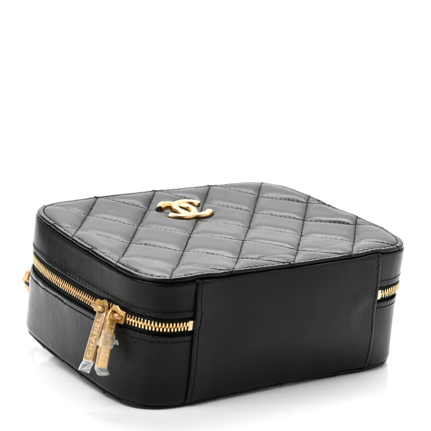 Lambskin Quilted Top Handle Small Vanity Case Black