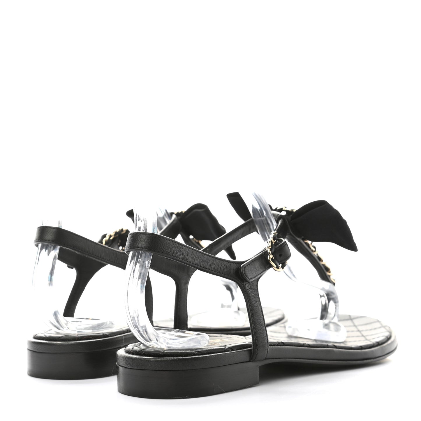 Lambskin Grosgrain Bow CC Chain Thong Sandals 36 Black Gold