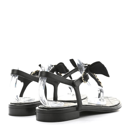Chanel Lambskin Grosgrain Bow CC Chain Thong Sandals 36 Black Gold 4 of 8