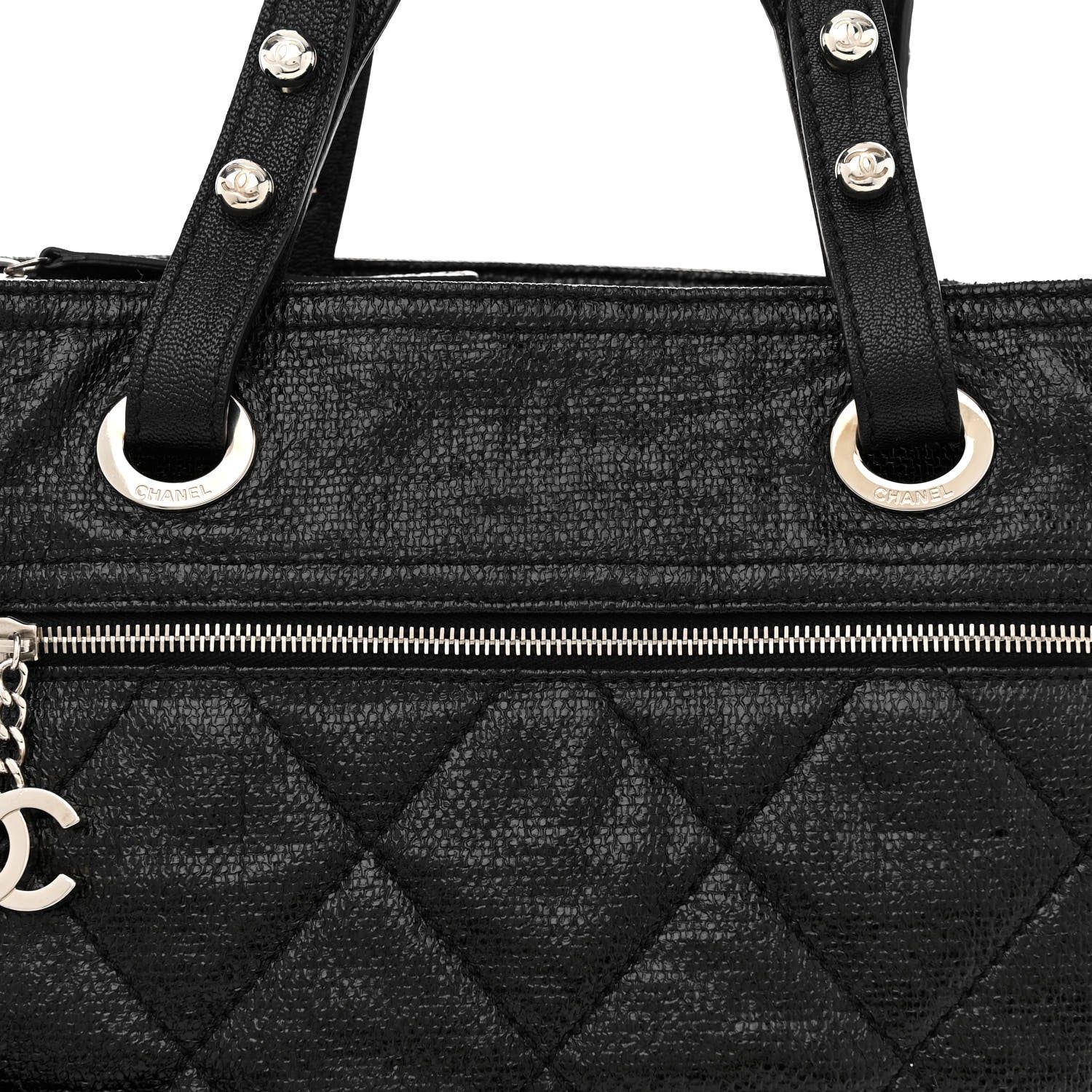 Chanel Metallic Coated Canvas Quilted Large Paris Biarritz Tote Black 9 of 15
