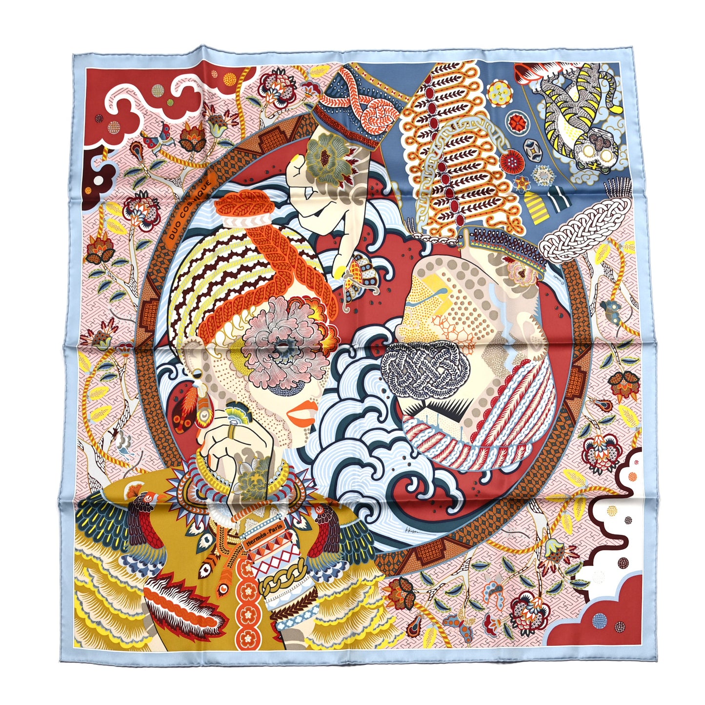 Silk Twill Duo Cosmique Scarf 90 Bleu Ciel Brique