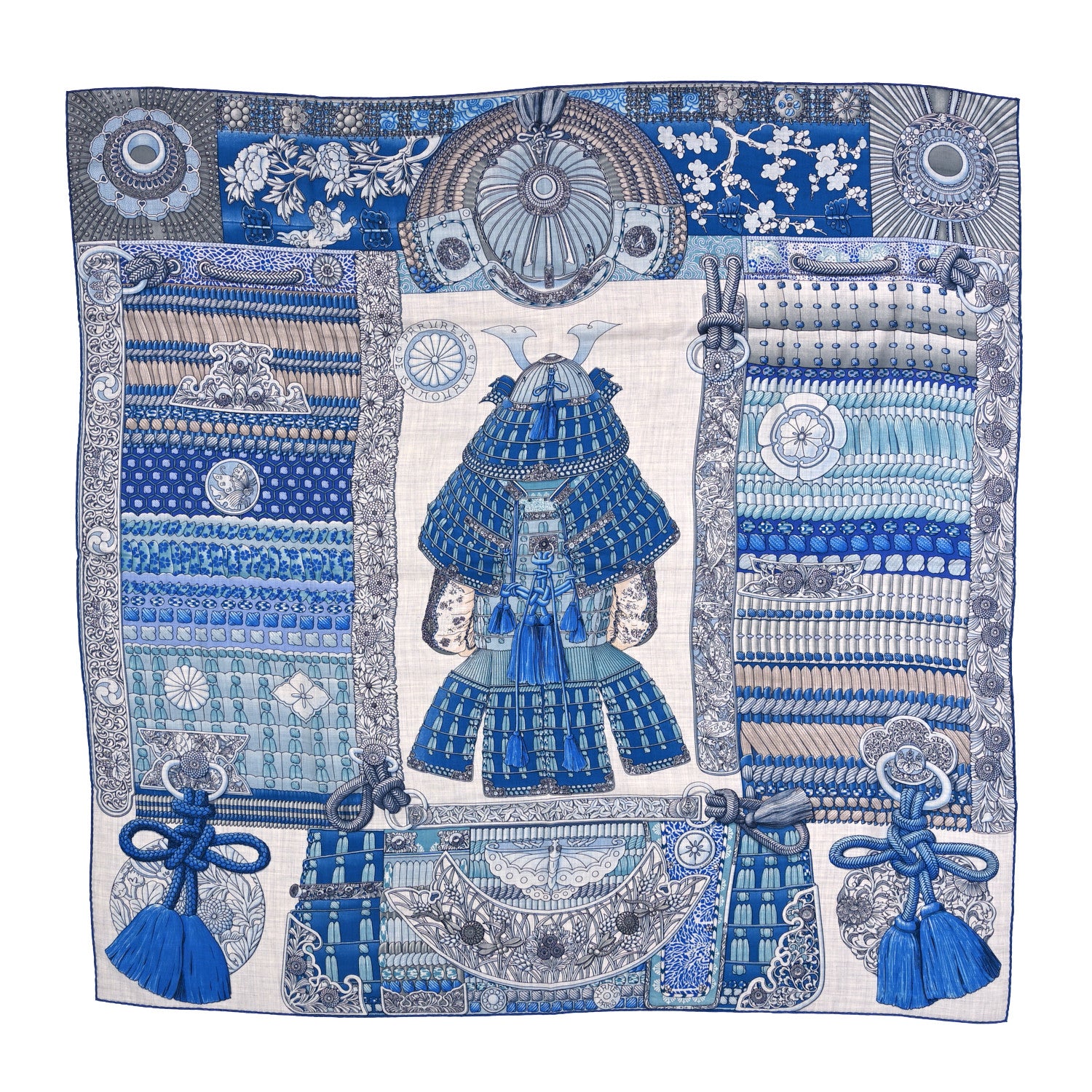 Hermes Cashmere Silk Parures De Samourais Shawl 140 Gris Chine Bleu Gris 1 of 5