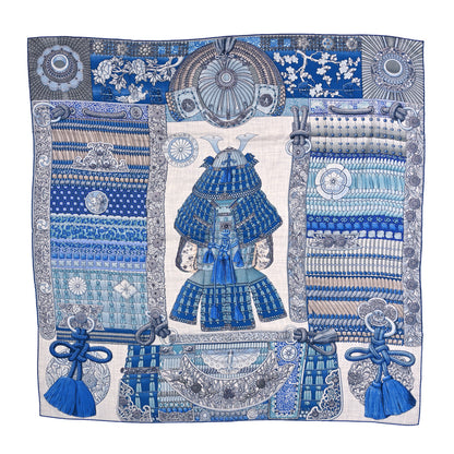 Hermes Cashmere Silk Parures De Samourais Shawl 140 Gris Chine Bleu Gris 1 of 5