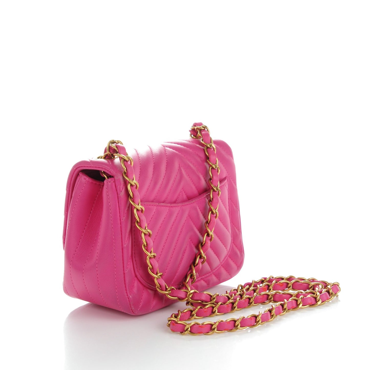Lambskin Chevron Quilted Mini Square Flap Fuchsia