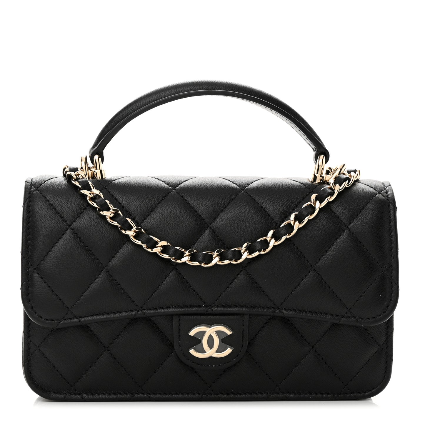 Lambskin Quilted Flap Phone Holder With Chain Black