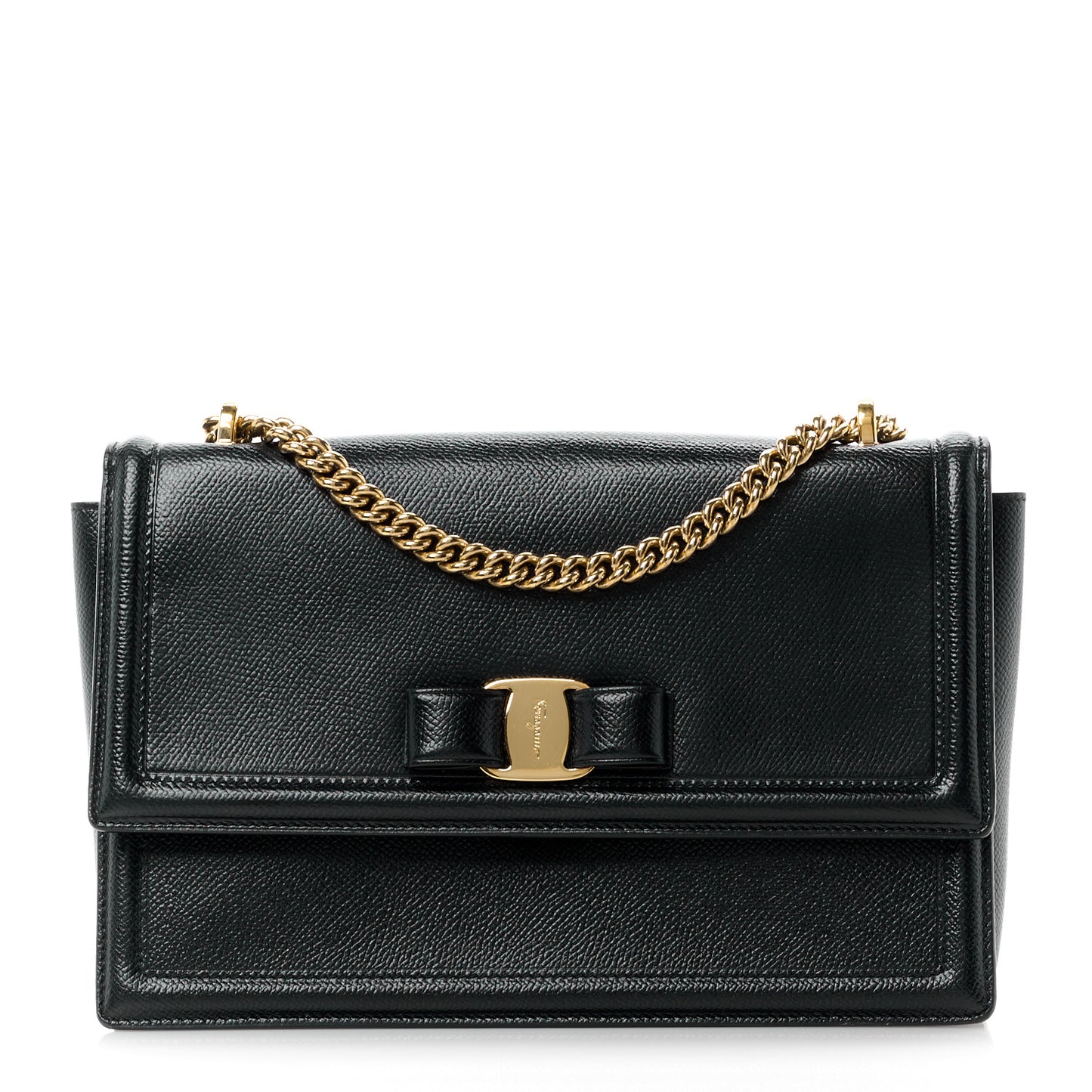 SALVATORE FERRAGAMO Hammered Calfskin Vara Bow Chain Flap Crossbody Black