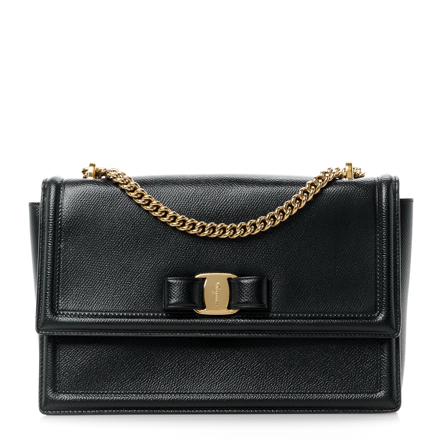 Salvatore Ferragamo SALVATORE FERRAGAMO Hammered Calfskin Vara Bow Chain Flap Crossbody Black 1 of 11