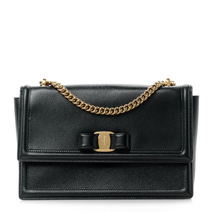 Salvatore Ferragamo SALVATORE FERRAGAMO Hammered Calfskin Vara Bow Chain Flap Crossbody Black 1 of 11