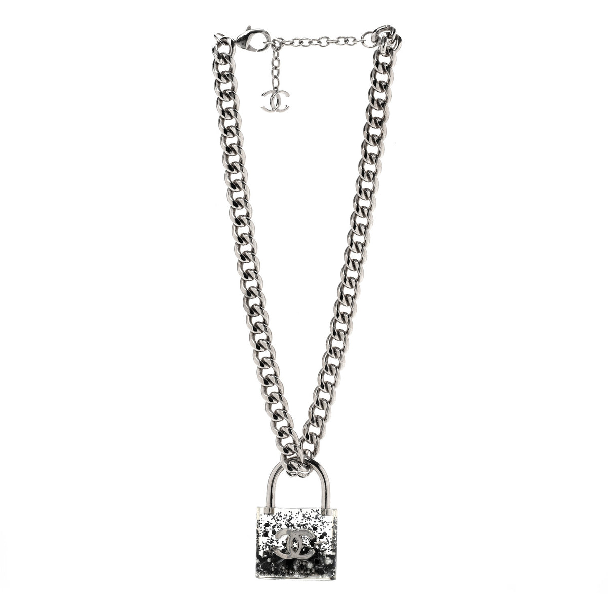 Resin CC Oversized Padlock Chain Necklace Silver Pearly White Silver Pearly White