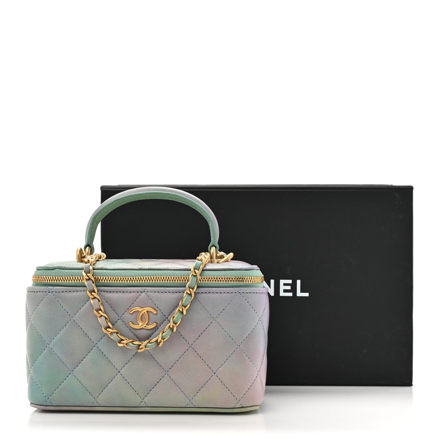 Lambskin Quilted Ombre Small Top Handle Vanity Case With Chain Blue Green