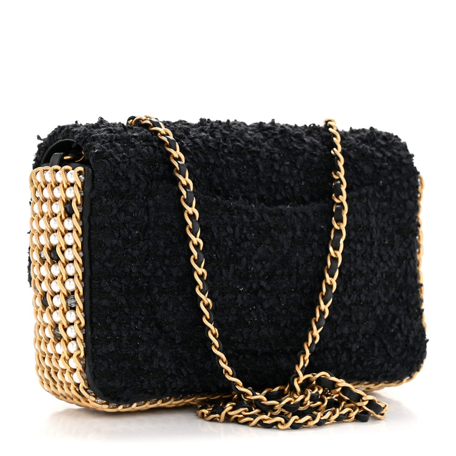 Chanel Tweed Quilted Mini Side Pearl Flap Bag Black 6 of 37