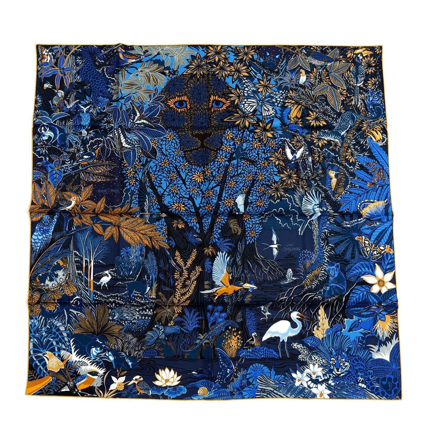 Silk Wild Singapore Scarf 90 Bleu Roy Gold Marine