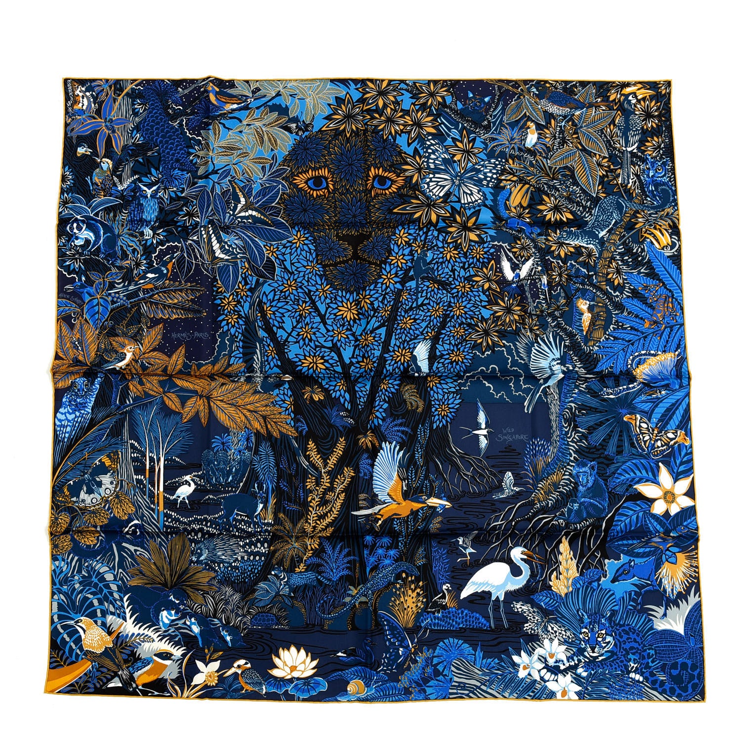 Hermes Silk Wild Singapore Scarf 90 Bleu Roy Gold Marine 1 of 5