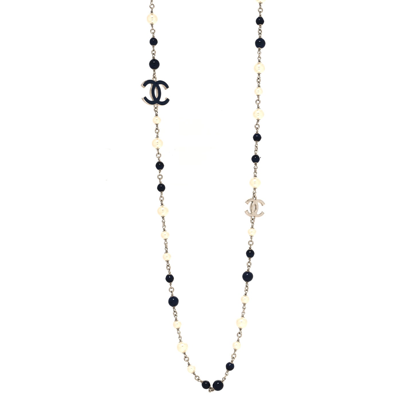 Pearl Beaded Enamel CC Long Necklace Blue Silver