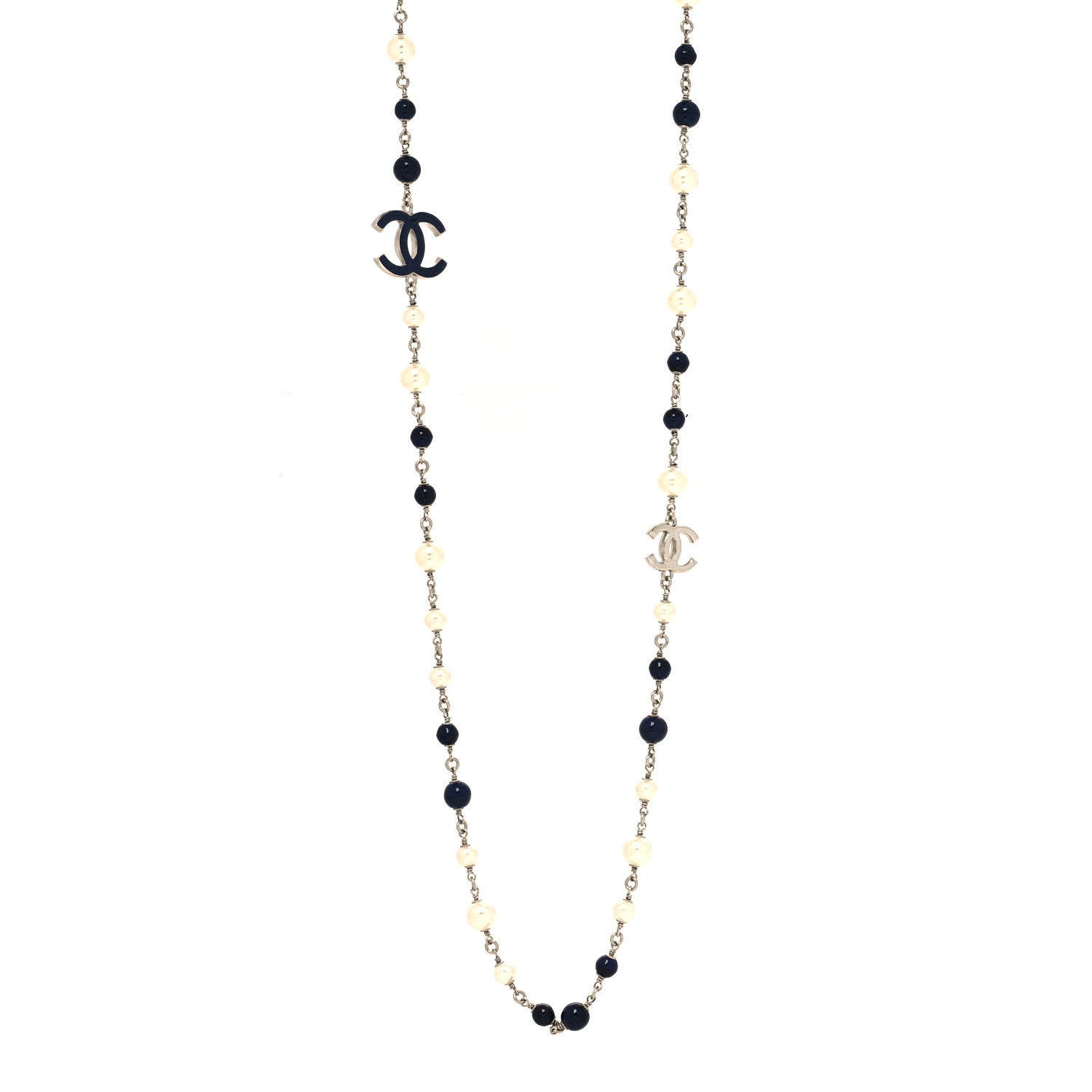 Chanel Pearl Beaded Enamel CC Long Necklace Blue Silver 1 of 5