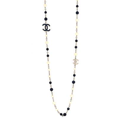 Chanel Pearl Beaded Enamel CC Long Necklace Blue Silver 1 of 5