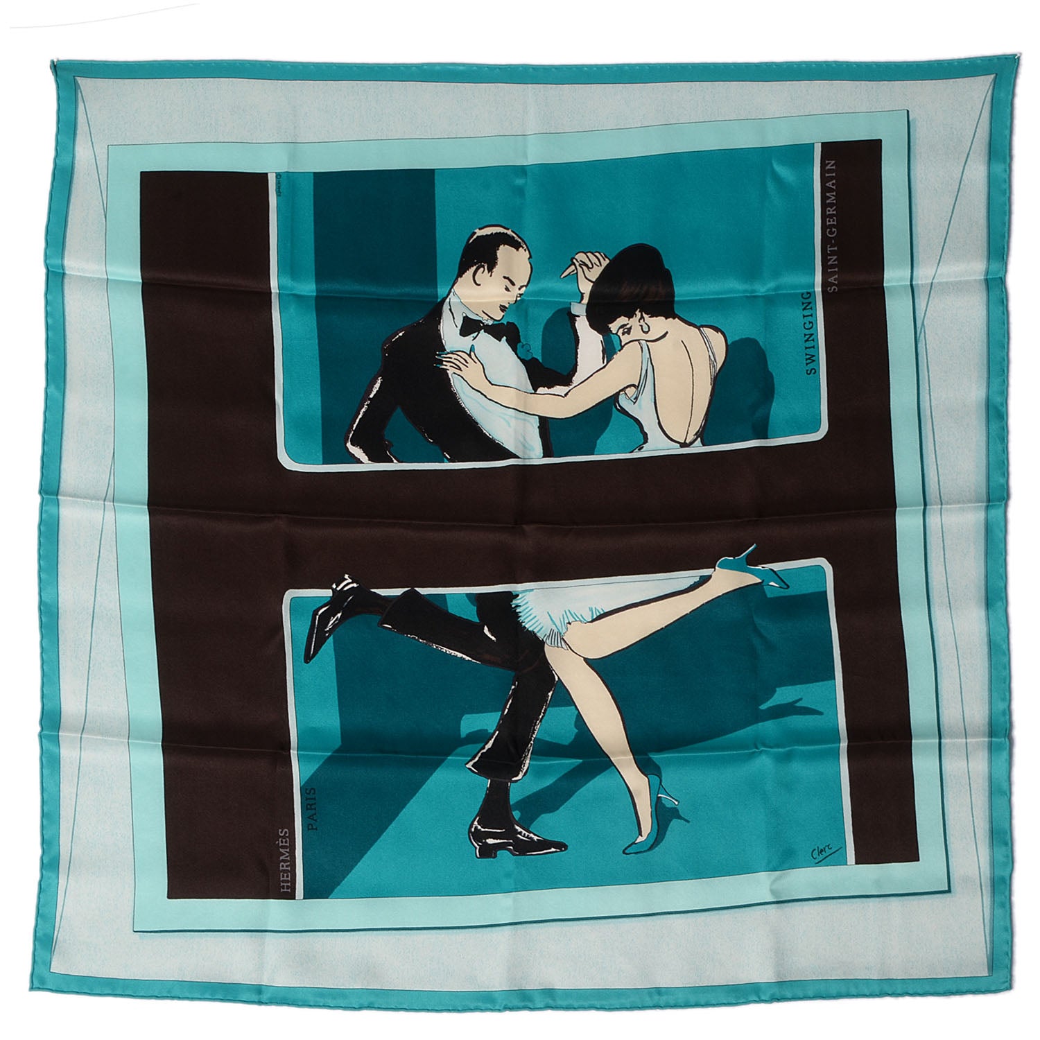 Hermes Silk Swinging Saint Germain Scarf 70 Ivory Marron Fonce Turquoise 2 of 6