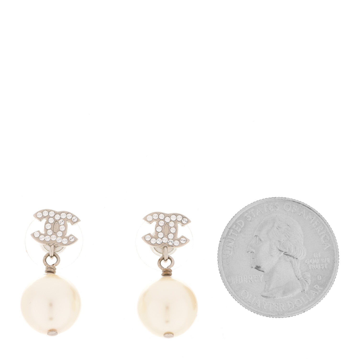Chanel Crystal Pearl CC Drop Earrings Silver Pearly White 2 of 5