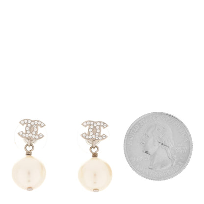 Chanel Crystal Pearl CC Drop Earrings Silver Pearly White 2 of 5