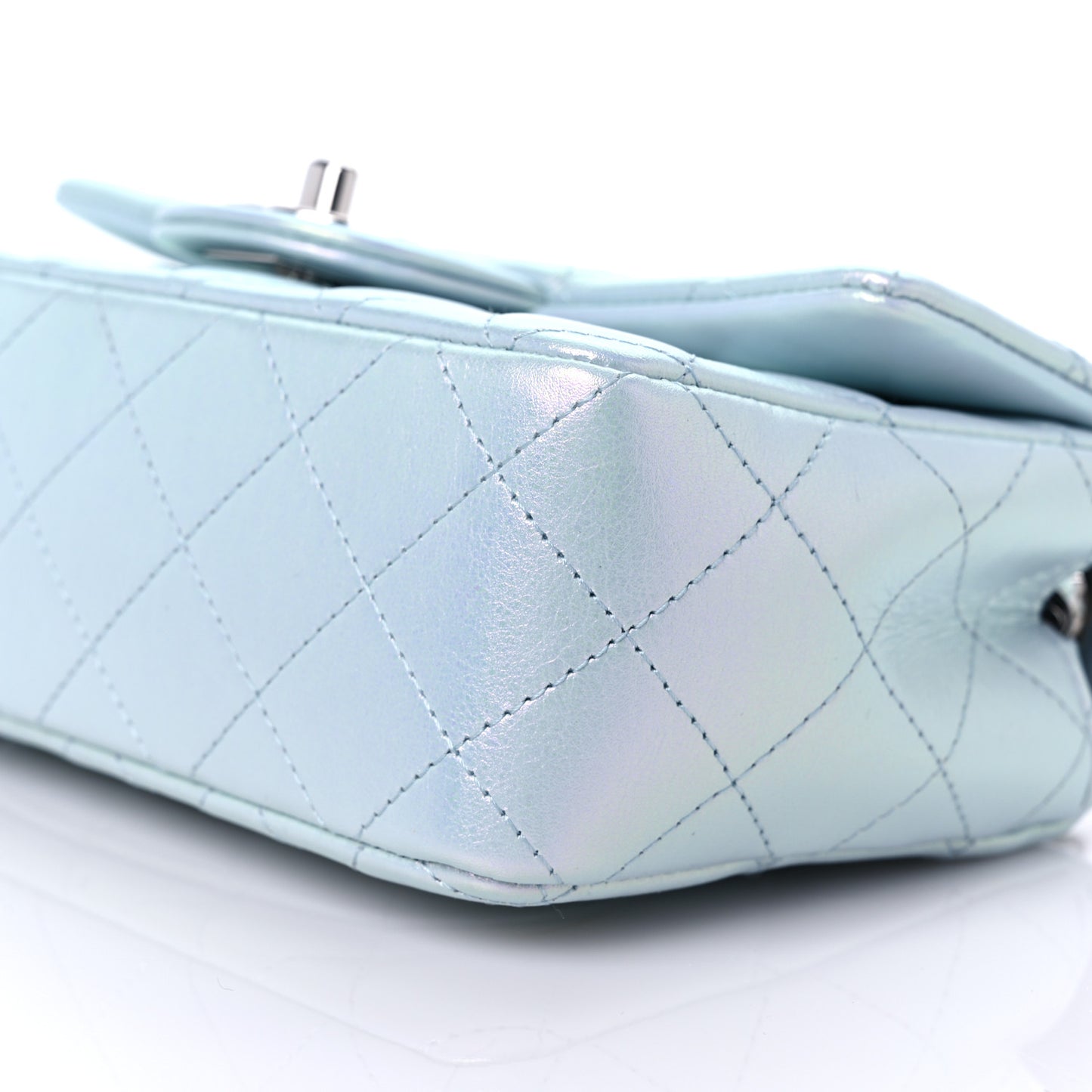 Iridescent Calfskin Quilted Mini Rectangular Flap Light Blue