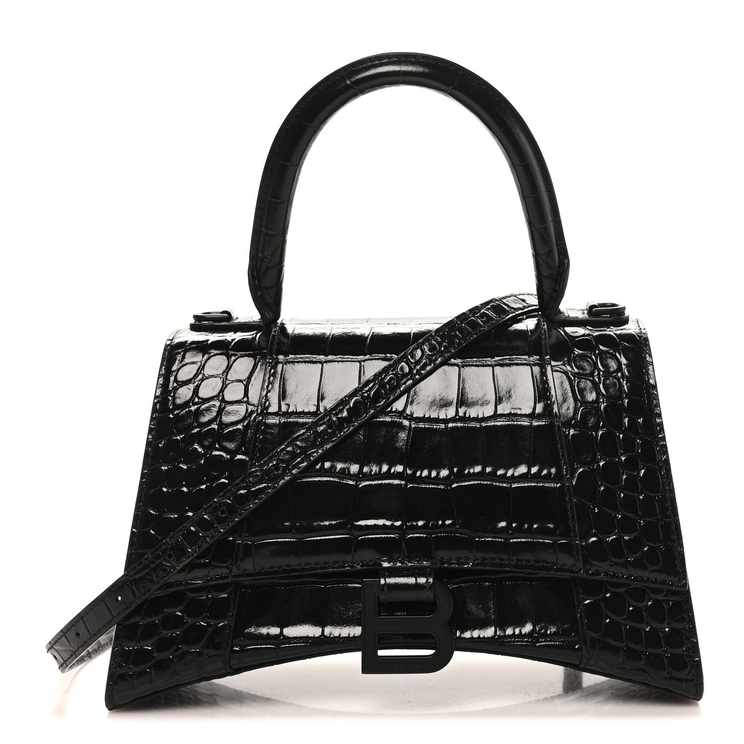 Balenciaga Shiny Calfskin Monochrome Crocodile Embossed Small Hourglass Top Handle Bag Black 1 of 9