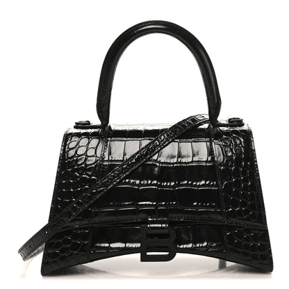 Balenciaga Shiny Calfskin Monochrome Crocodile Embossed Small Hourglass Top Handle Bag Black 1 of 9