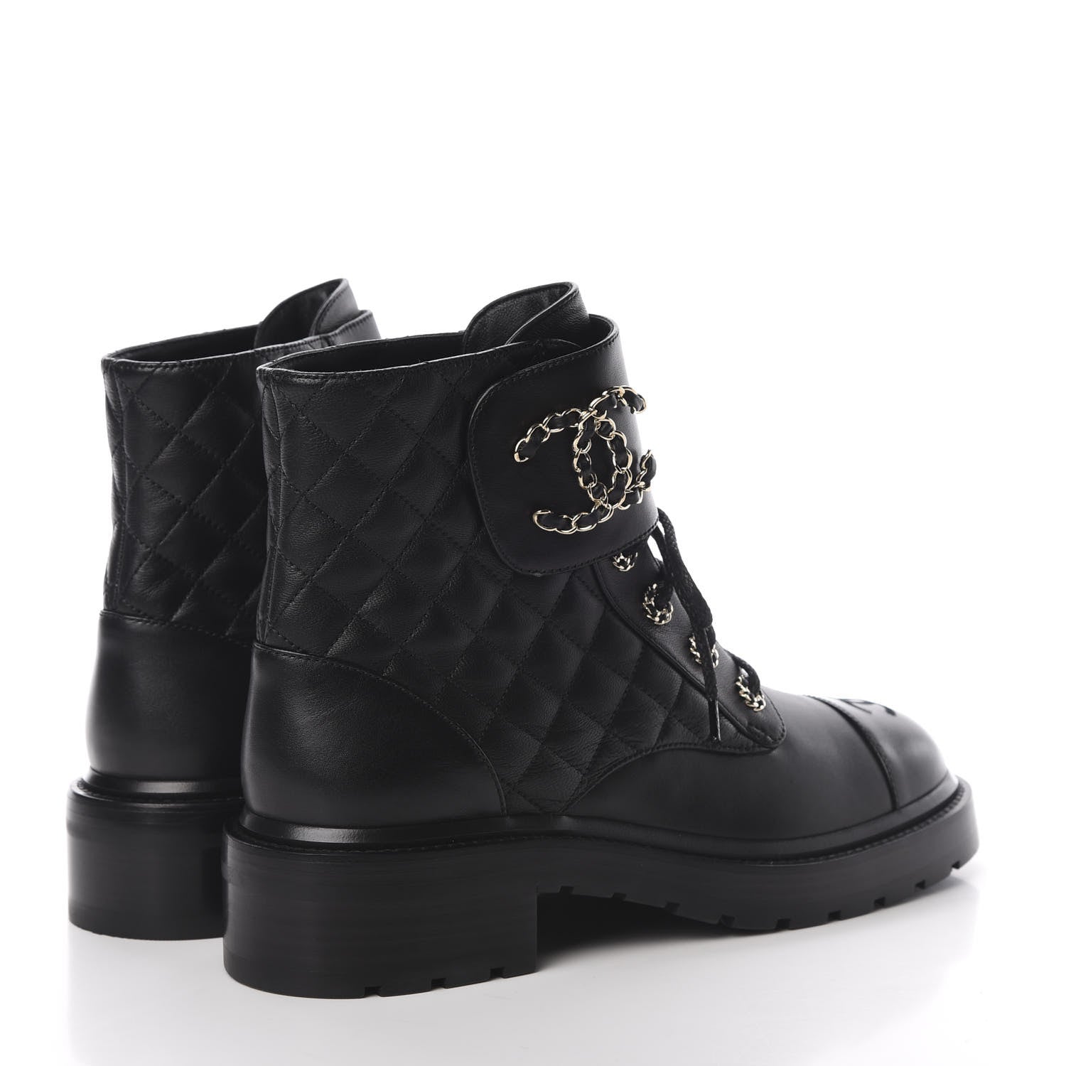 Chanel Shiny Goatskin Calfskin Quilted Lace Up Combat Boots 40 Black 4 of 9