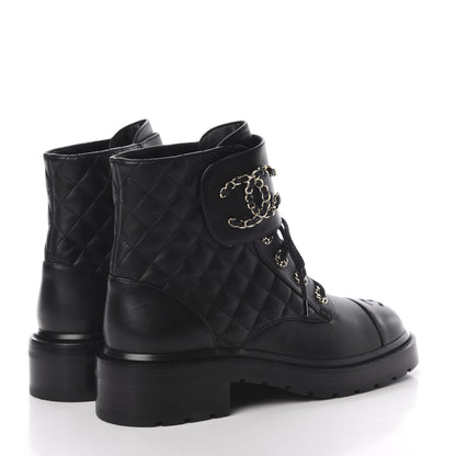 Chanel Shiny Goatskin Calfskin Quilted Lace Up Combat Boots 40 Black 4 of 9