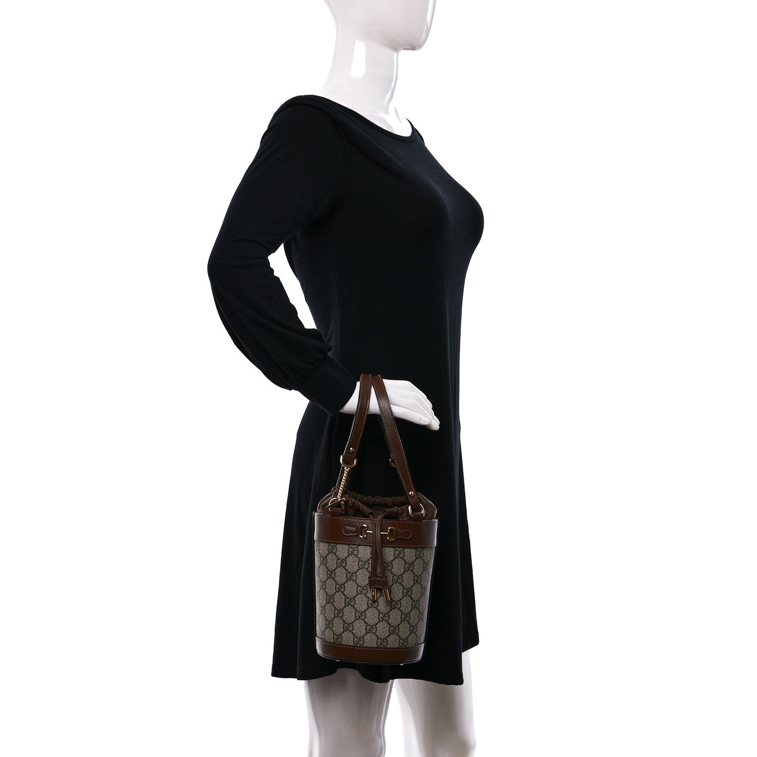 Gucci GG Supreme Monogram Azalea Sakai Calfskin Small Horsebit 1955 Drawstring Bucket Bag Beige Ebony Brown Sugar 2 of 9
