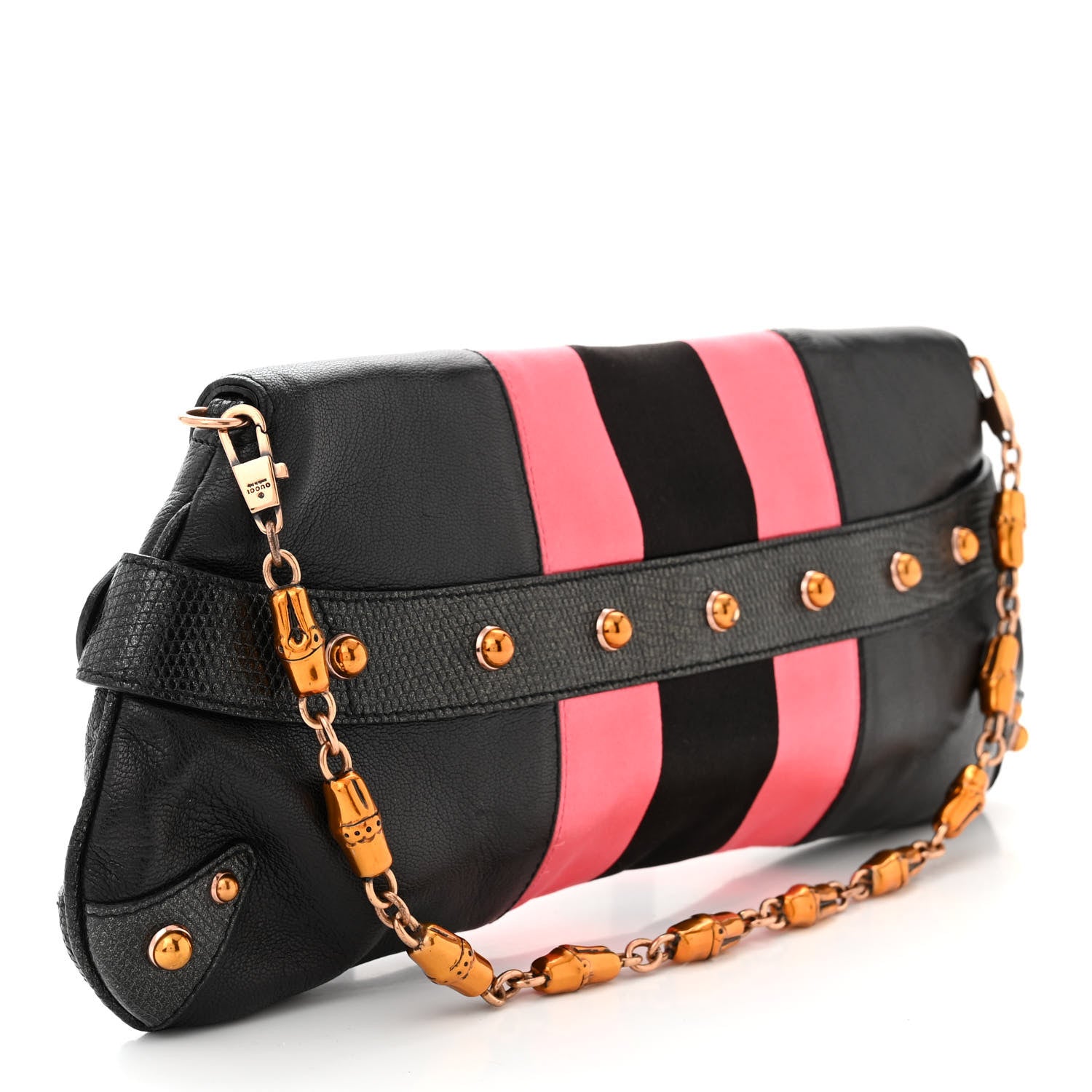 Gucci Calfskin Lizard Satin Studded Crystal Horsebit Clutch Pink Black 3 of 11