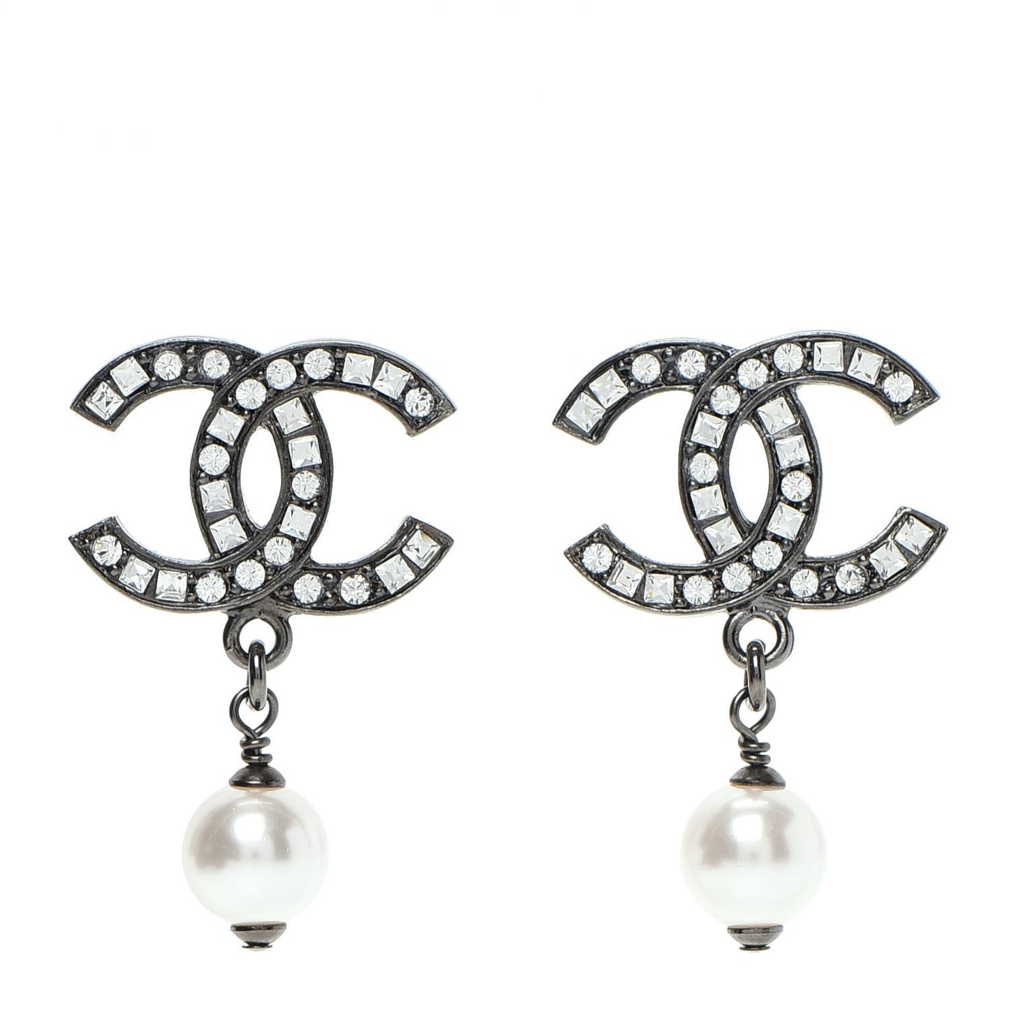 Baguette Crystal Pearl CC Drop Earrings Ruthenium