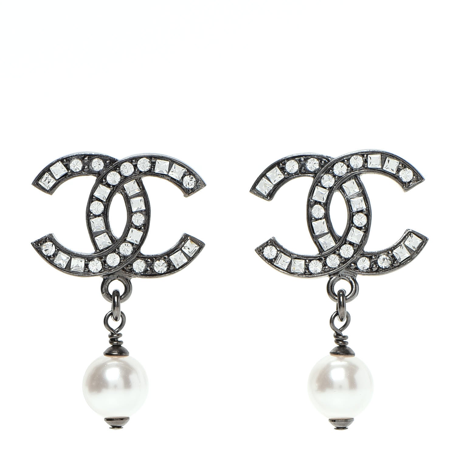 Chanel Baguette Crystal Pearl CC Drop Earrings Ruthenium 1 of 6