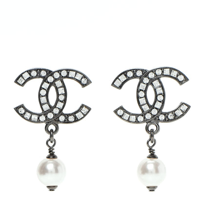 Chanel Baguette Crystal Pearl CC Drop Earrings Ruthenium 1 of 6