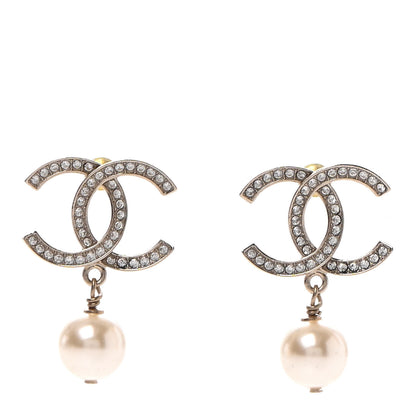 Chanel Crystal CC Pearl Drop Earrings Gold 1 of 4